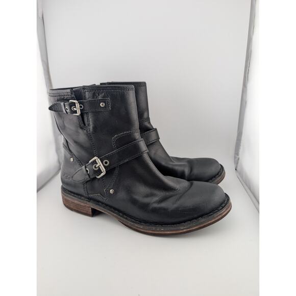 UGG Women's 7.5 Fabrizia Black Leather Moto Boots Buckles UGGs Australia Biker - Picture 1 of 11